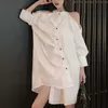 White Cold Shoulder O Neck Button Dress Long Sleeve Solid Pleat Short Mini Casual Asymmetrical D1340 210514