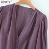Zevity Women Vintage Vネックシングルブレストヘムナンキングショートシャツ女性パフスリーブブラウスRoupasシックな化学TOPS LS9092 210603