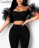 Vrouwen Sexy 3 Stuks Sets Elegant Off Shoulder Ruffles Puff Sleeve Blouse Mesh Top Pants Set Y0625