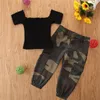 Maluch Kid Baby Girl Lato Krótki Rękaw Off Koszulka Ramię Top + Kamuflaż Drukuj Spodnie Outfit Set Ubrania 2 sztuk 1-6y 2587 Q2