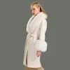 Wełna płaszcz Kobiety Pied D De Pule Natural Fur Collar Cashmere Wool Mieszanki Długie Odzież Streetwear 211104