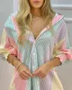 Summer Women Color Striped Button Front Blouse Dress Casual Vacation Dress G1214