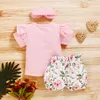 0-24M Été Fleur Enfant Né Infantile Fille Vêtements Ensemble Volants T-shirt Bow Shorts Tenues Costumes 210515