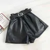 Autumn Winter Women's Trousers Korean Solid Color Elastic Waist Casual Pants Slim Wide-leg Leather Short LL519 210506