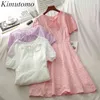 Kimutomo Tatlı Kızlar Yay Dantel-Up Elbiseler Yaz Kore Tarzı Kadın O-Boyun Kısa Kollu Katı Ince Bel Vestido 210521