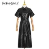 Czarny PU Skórzana Sukienka Dla Kobiet Lapel Z Krótkim Rękawem Wysoka Talia Midi Suknie Moda Ubrania Lato 210520