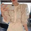 Coréen fleur maille élégant Blouse femmes doux à manches longues voir à travers bouton chemise femme mode Chic haut 14320 210512