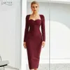 Inverno nero manica lunga aderente fasciatura vestito sexy senza spalline vino rosso midi celebrità sera pista pista 210423