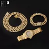 Hip Hop 3pcs Kit Halsband + Watch + Armband Iced Out Paved Rhinestones Miami Curb Cuban Chain CZ Bling Rapper för män Smycken