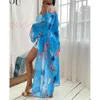 Sexy 3 Piece Sets Bikini Strap Crop Top+Shorts+Long Cover Up Women Summer Floral Print Chiffon Bathing Suit Beach Swimsuit 210629