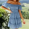 Casual Blue Stretchy Print Off the Shoulder Kleid Sommermode Damen Puffärmel es Female Sweet Holiday 210515