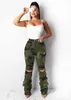 Verkoop Streetwear Dames Hoge Taille Gat Gestapelde Broek voor Casual Skinny Green Camouflage Trouses Plus Size Breeken Dames 210604