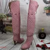 Designer Kvinnor Stövlar Toppkvalitet Äkta läder Röd Beige Canvas Over The Knee Boot's Zipper Laces Mode Luxury High Heel Womens Brand Casual Shoes