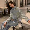 럭셔리 디자인 데님 여성 두 조각 바지 나무 팬츠 자수 버튼 자켓 코트 + 높은 허리 넓은 다리 바지 정장