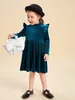 Toddler Girls Mock Neck Ruffle Trim Velvet Smock Dress SHE