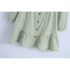 Elegant Women Light Green Striped Dresses Fashion Ladies Square Collar Button Dress Sweet Female Chic Ruffles Mini 210427