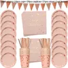 50 stks / set Rose Gold Party Verjaardag Disposable Set Set Papier Stro Platen Cups Servetten Volwassen Verjaardag Party Decoration Kids Y1104