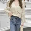 Sexy V-neck Cardigan Lace Tops Summer Crocheted Floral Shirts Women Hollow Out Blouse Mujer Long Sleeve Clothes 14460 210527