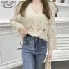 Sexy V-Ausschnitt Strickjacke Spitze Tops Sommer gehäkelte Blumenhemden Frauen aushöhlen Bluse Mujer Langarm Kleidung 14460 210527