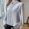 Koreanische Seide Frauen Shirts Blusen Langarm Tops Frau Stickerei Spitze Bluse Plus Größe Blumenhemd 210427