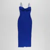 Dames Sexy Sleutelgat Designer Mid-Calf Blue Bandage Jurk Elegante Avondclub Prom Celebrity Bodycon Party Vestido 210527