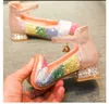 Chegadas crianças meninas sapatos arco-íris lantejoulas de cristal princesa sapatos de dança para grandes meninas salto alto crianças sapatos Calçado 210713