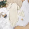 Neugeborenen Schlaf Set Einfarbig Baumwolle Casual Langarm Swaddle Wrap Schlafsack + Spitzen Hut Baby Bettwäsche Kleidung