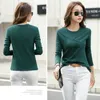 Ribbed Sping Mode Bambu Bomull T-shirt Höst Kvinnor O-Neck Lossa Enkla Lila T-shirt Långärmad Ladies Green Mysigt Topp 210819