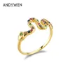 Andywen 925 Sterling Silver Anéis Coloridos Snake Rainbow Moda Fina Jóias Rocha Punk Cristal Zircão Cz Mulheres 210608