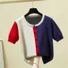 Fashion Color Contrast Cardigan O-Neck Koszulka z krótkim rękawem Sweter Downing Damska Luźna Pulower Styl Styl 210507