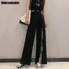 ズボン女性プラスサイズスプリットシックな弓包帯韓国風のスタイルの固体広い脚ハイウエスト到着夏のレディースビンテージストリートウェア210527