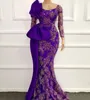 Elegancki Afryki Purpurowe Suknie Wieczorowe Długie Rękawy Scoop Neck Lace Aplikacja Syrenka Prom Suknie z łukiem Vestidos de Fiesta