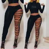 OMSJ est Sexy High Waist Ripped Leggings Women Black Slim Holes Trousers With Gold Chain Pencil Pants Casual Fashion Clothing 210517