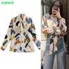 Lato Biały Graffiti Tie Dye Drukuj Kobiety Bluzki Moda Front Bow Button Up Shirts Woman Długi Rękaw Chic Casual Topy 210430