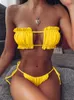 Women's Swimwear Ribbed Bikinis String Ruffle Swimsuit 2021 Bandeau Folds High Cut Two Piece Bathing Suits Yellow Bikini Set