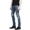 Nouveau Dropshipping Hommes Déchiré Biker Jeans Distressed Moto Denim Joggers Détruit Genou En Cuir Plissé Patch Jeans X0621