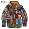 Vintage Plaid Printed Patchwork Coat Men Winter Long Sleeve Warm Thicken Outerwear Mens Zipper-up Jacket Fashion Streetwear 211204