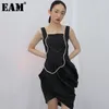 [Eam] Mulheres Black Irregular Split Temperament Dress Quare Collar Sem Mangas Loose Fit Moda Primavera Verão 1x883 210512