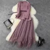 Elegant Lady Office Two Piece Outfits Autumn Fashion Women Long Sleeve Beading Ruffle Blazer Suit Mesh Skirt Matching Sets 210601