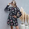 Automne Printemps Robe Casual Dames Floral Fleur Imprimer Noir À Manches Longues Lâche Fit Robes Automne Vêtements Pour Femmes Mode 210322