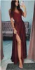 Sexig Split Dark Red Long Prom Dress Graduation Party Elastic Satin Formal för Spaghetti Aftonklänningar