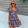 Lato Floral Printed Waked Wommen Sukienka Sex V Neck Krótki Rękaw Linia Idealnie Flaunt Rodzaj czystego Sweet Style 210623