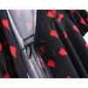 Cruz Francesa V Pescoço Vermelho Coração Impressão Envoltório Vestido Preto Lacing Up Cintura Split Split Mulheres 3/4 Manga Vestidos de Chá Longo 210429
