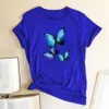 Blå Monark Butterfly Tryckt Kvinnor T-shirt Bomull Harajuku Loose Tee Kvinnor Casual Streetwear O-Hals Toppar Kläder X0628