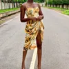 2020 Kobiety Vintage Yellow Tie Dye Flower Print Spaghetti Pasek Sukienka Dress Hem Slim Talii Szczur Nieregularne Długie Suknie Sling Vestido X0521