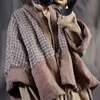 Johnature Höst Vinter Retro Patchwork Plaid Tjock Varm Lace Upp Parkas Bomull Linen Bekväma Kvinnor Mode Parkas 210521