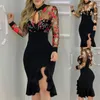 Summer Fashion Sexy Hollow Out Split Midi Drese Evening Party Elegant Dress Floral Pattern Slimming Lace Long Sleeve Dress