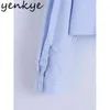 Blå randig blusskjorta Kvinnor Lapel Collar Långärmade fickor Plus Storlek Blusas Kvinna Streetwear Sommarskörd Top 210514