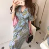 South Korea Ins Summer Elegant Waist Slimming V-neck Strap Long Short Sleeve Chiffon Print Dress Female 210522