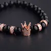 Luxury Men's Fashion Bracelet 8MM Natural Bright Black Stone Rose Gold Crown Copper Inlaid Zircon Rice Beads Beaded Bracelet